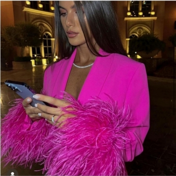 Zara Pink Feather Cuff Blazer Size S - Picture 3 of 14